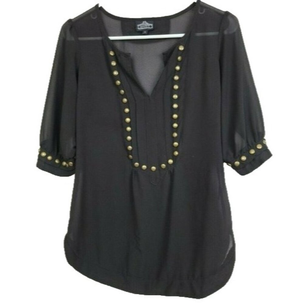 Angie Womens Dark Fairy Top Blouse Small Black Chiffon Studded Short Sleeve